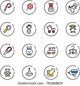 line vector icon set - lollipop vector, pyramid toy, dinosaur, beanbag, wheel horse, doll, rabbit, train, baby carousel, bear, wirligig, soother, water gun