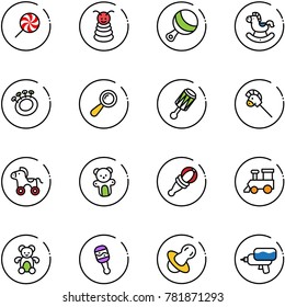 line vector icon set - lollipop vector, pyramid toy, beanbag, rocking horse, stick, wheel, bear, train, soother, water gun