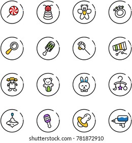 line vector icon set - lollipop vector, pyramid toy, bear, beanbag, horse stick, xylophone, doll, rabbit, baby carousel, wirligig, soother, water gun