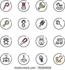 line vector icon set - lollipop vector, pyramid toy, beanbag, rocking horse, stick, doll, rabbit, train, baby carousel, wirligig, soother