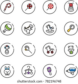 line vector icon set - lollipop vector, pyramid toy, beanbag, dinosaur, rocking horse, stick, wheel, bear, rabbit, baby carousel, water gun