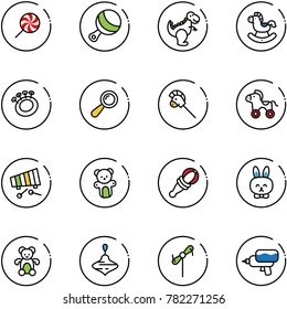 line vector icon set - lollipop vector, beanbag, dinosaur toy, rocking horse, stick, wheel, xylophone, bear, rabbit, wirligig, windmill, water gun