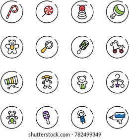 line vector icon set - lollipop vector, pyramid toy, beanbag, bear, wheel horse, xylophone, doll, baby carousel, water gun