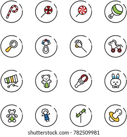 line vector icon set - lollipop vector, beanbag, horse stick toy, wheel, xylophone, bear, rabbit, doll, windmill, soother