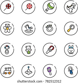 line vector icon set - lollipop vector, beanbag, dinosaur toy, bear, rocking horse, rabbit, train, wirligig, doll