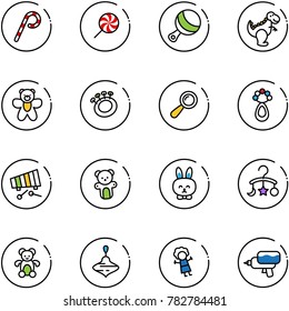 line vector icon set - lollipop vector, beanbag, dinosaur toy, bear, xylophone, rabbit, baby carousel, wirligig, doll, water gun