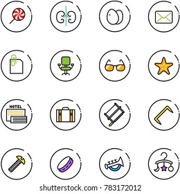 line vector icon set - lollipop vector, kidneys, eggs, mail, attachment, office chair, sunglasses, starfish, sea hotel, suitcase, bucksaw, staple, screw, tambourine, horn toy, baby carousel