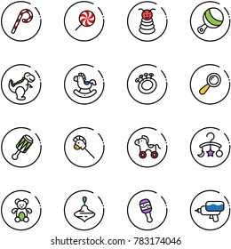 line vector icon set - lollipop vector, pyramid toy, beanbag, dinosaur, rocking horse, stick, wheel, baby carousel, bear, wirligig, water gun