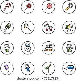 line vector icon set - lollipop vector, beanbag, horse stick toy, wheel, xylophone, bear, rabbit, train, doll, windmill, water gun