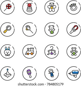 line vector icon set - lollipop vector, pyramid toy, bear, beanbag, horse stick, rabbit, train, baby carousel, wirligig, doll, water gun