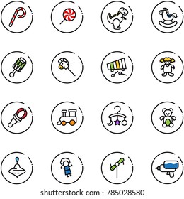 line vector icon set - lollipop vector, dinosaur toy, rocking horse, beanbag, stick, xylophone, doll, train, baby carousel, bear, wirligig, windmill, water gun