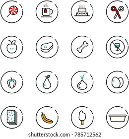 line vector icon set - lollipop vector, tea, cake, santa stick, apple, meat, broken bone, no alcohol sign, sweet pepper, pear, onion, eggs, breads, banana, ice cream, basin