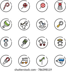 line vector icon set - lollipop vector, pyramid toy, beanbag, dinosaur, rocking horse, wheel, doll, train, windmill, water gun