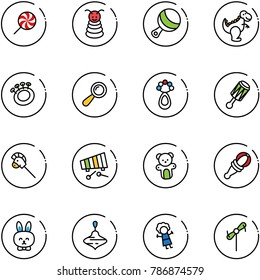 line vector icon set - lollipop vector, pyramid toy, beanbag, dinosaur, horse stick, xylophone, bear, rabbit, wirligig, doll, windmill