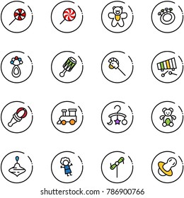 line vector icon set - lollipop vector, bear toy, beanbag, horse stick, xylophone, train, baby carousel, wirligig, doll, windmill, soother