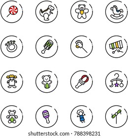 line vector icon set - lollipop vector, dinosaur toy, bear, rocking horse, beanbag, stick, xylophone, doll, baby carousel, windmill
