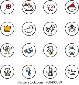 line vector icon set - lollipop vector, santa sleigh, dog, christmas elf, crown, duck toy, dinosaur, ufo, robot, horn, bear, rabbit, doll