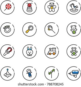 line vector icon set - lollipop vector, pyramid toy, bear, rocking horse, beanbag, stick, rabbit, train, wirligig, doll, windmill, water gun
