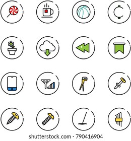 line vector icon set - lollipop vector, tea, basketball ball, cent, flower pot, download cloud, fast backward, flag, mobile phone, fine signal, plumber, nail dowel, screw, rake, allen key set