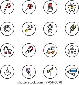 line vector icon set - lollipop vector, pyramid toy, bear, beanbag, wheel horse, train, baby carousel, wirligig, windmill, water gun