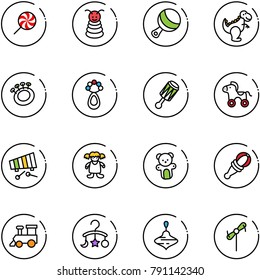 line vector icon set - lollipop vector, pyramid toy, beanbag, dinosaur, wheel horse, xylophone, doll, bear, train, baby carousel, wirligig, windmill