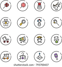 line vector icon set - lollipop vector, pyramid toy, dinosaur, bear, beanbag, horse stick, wheel, xylophone, doll, train, baby carousel, wirligig