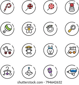 line vector icon set - lollipop vector, pyramid toy, beanbag, bear, wheel horse, doll, rabbit, train, baby carousel, wirligig, water gun