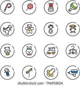 line vector icon set - lollipop vector, pyramid toy, beanbag, dinosaur, bear, doll, rabbit, train, baby carousel, windmill, soother, water gun