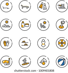 line vector icon set - lounger vector, flippers, pool, reading, uv cream, beach, palm, flip flops, swimsuit, parasol, diving, surfing, dolphin, ball