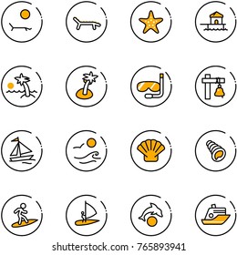 line vector icon set - lounger vector, starfish, bungalow, palm, diving, ship bell, sail boat, waves, shell, surfing, windsurfing, dolphin, cruiser