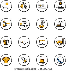 line vector icon set - lounger vector, flippers, pool, reading, uv cream, palm, inflatable, flip flops, swimsuit, diving, shell, sand castle, ball