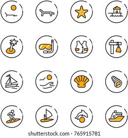 line vector icon set - lounger vector, starfish, bungalow, palm, diving, life vest, ship bell, sail boat, waves, shell, surfing, windsurfing, dolphin, cruiser