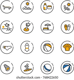 line vector icon set - lounger vector, reading, uv cream, beach, palm, inflatable pool, flip flops, swimsuit, ball, shell, surfing