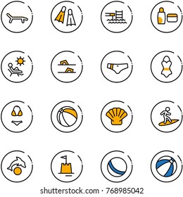 line vector icon set - lounger vector, flippers, pool, uv cream, beach, flip flops, swimsuit, ball, shell, surfing, dolphin, sand castle