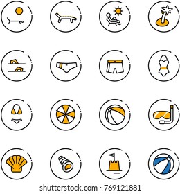 line vector icon set - lounger vector, beach, palm, flip flops, swimsuit, parasol, ball, diving, shell, sand castle