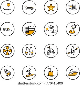 line vector icon set - lounger vector, starfish, pool, swimming, hotel, palm, parasol, life vest, sail boat, kayak, shell, surfing, sand castle, cruiser
