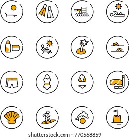 line vector icon set - lounger vector, flippers, pool, reading, uv cream, beach, palm, flip flops, swimsuit, diving, shell, surfing, dolphin, sand castle