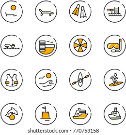 line vector icon set - lounger vector, flippers, pool, swimming, hotel, parasol, diving, life vest, waves, kayak, surfing, dolphin, sand castle, cruiser, toy boat