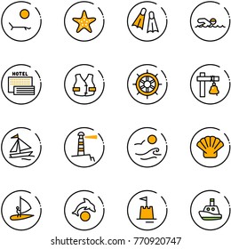 line vector icon set - lounger vector, starfish, flippers, swimming, sea hotel, life vest, hand wheel, ship bell, sail boat, lighthouse, waves, shell, windsurfing, dolphin, sand castle, toy