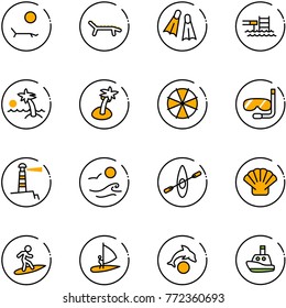 line vector icon set - lounger vector, flippers, pool, palm, parasol, diving, lighthouse, waves, kayak, shell, surfing, windsurfing, dolphin, toy boat