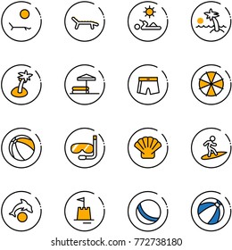 line vector icon set - lounger vector, reading, palm, inflatable pool, swimsuit, parasol, ball, diving, shell, surfing, dolphin, sand castle, beach
