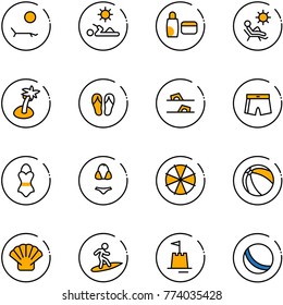 line vector icon set - lounger vector, reading, uv cream, beach, palm, flip flops, swimsuit, parasol, ball, shell, surfing, sand castle
