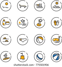 line vector icon set - lounger vector, pool, reading, uv cream, palm, flip flops, swimsuit, ball, diving, surfing, sand castle, beach