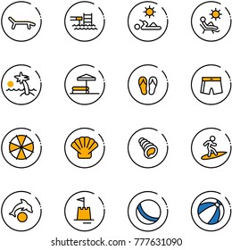 line vector icon set - lounger vector, pool, reading, beach, palm, inflatable, flip flops, swimsuit, parasol, shell, surfing, dolphin, sand castle, ball