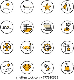 line vector icon set - lounger vector, starfish, flippers, swimming, hotel, sea, palm, parasol, diving, hand wheel, ship bell, waves, shell, sand castle