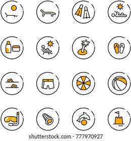 line vector icon set - lounger vector, flippers, reading, uv cream, beach, palm, flip flops, swimsuit, parasol, ball, diving, shell, dolphin, sand castle