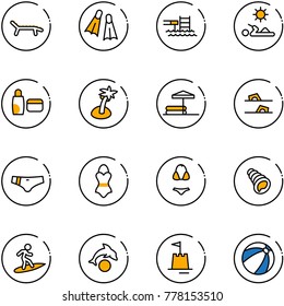 line vector icon set - lounger vector, flippers, pool, reading, uv cream, palm, inflatable, flip flops, swimsuit, shell, surfing, dolphin, sand castle, beach ball