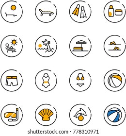line vector icon set - lounger vector, flippers, uv cream, beach, palm, inflatable pool, flip flops, swimsuit, ball, diving, shell, dolphin