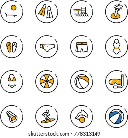 line vector icon set - lounger vector, flippers, pool, palm, flip flops, swimsuit, parasol, ball, diving, shell, surfing, dolphin, beach
