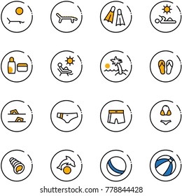 line vector icon set - lounger vector, flippers, reading, uv cream, beach, palm, flip flops, swimsuit, shell, dolphin, ball